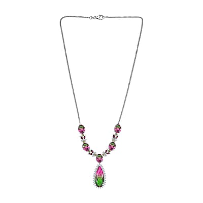 D’Joy Watermelon Quartz (Triplet) and Multi Gemstone 27.60 ctw Necklace in Rhodium Over Sterling Silver 18 Inches 