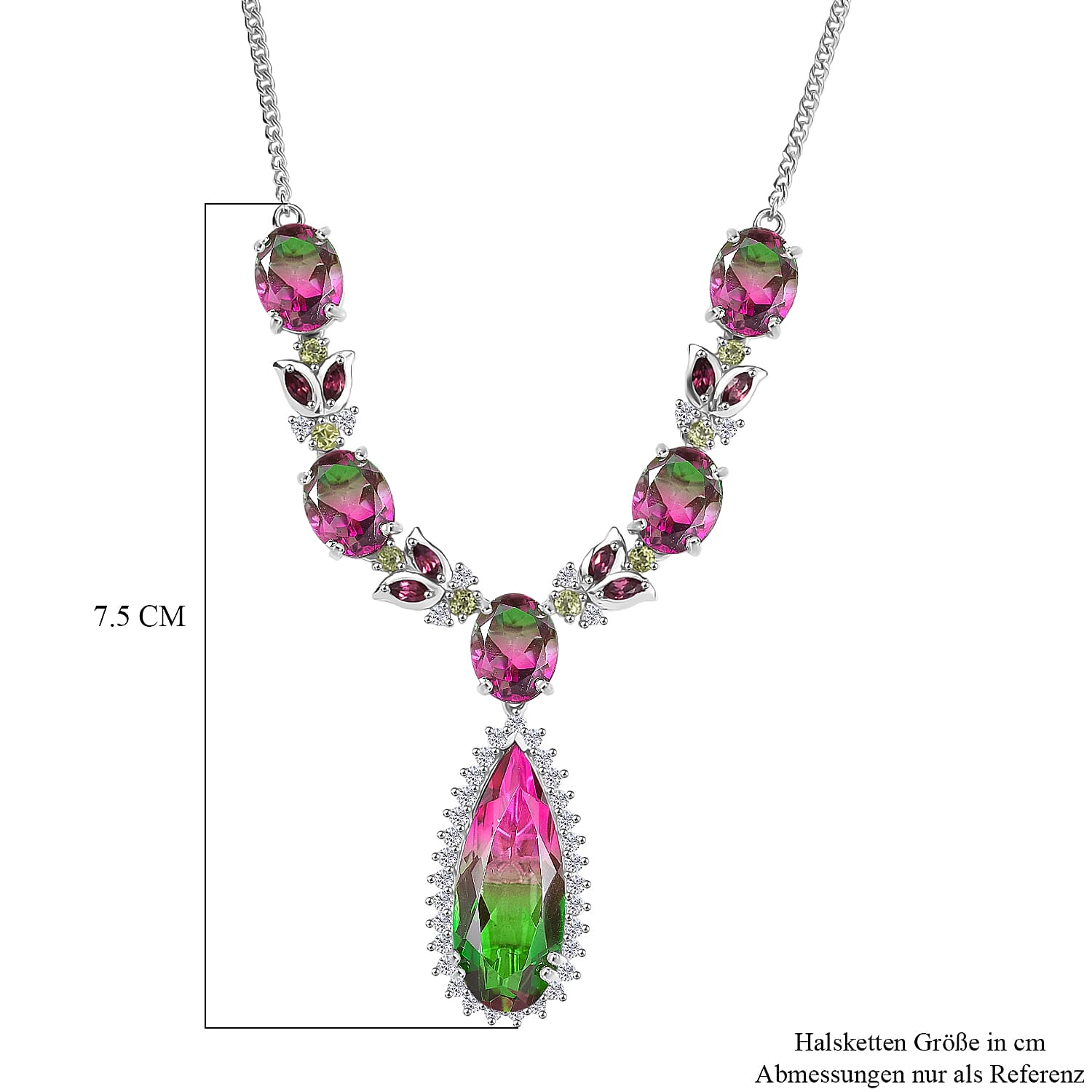 D’Joy Watermelon Quartz (Triplet) and Multi Gemstone 27.60 ctw Necklace in Rhodium Over Sterling Silver 18 Inches 