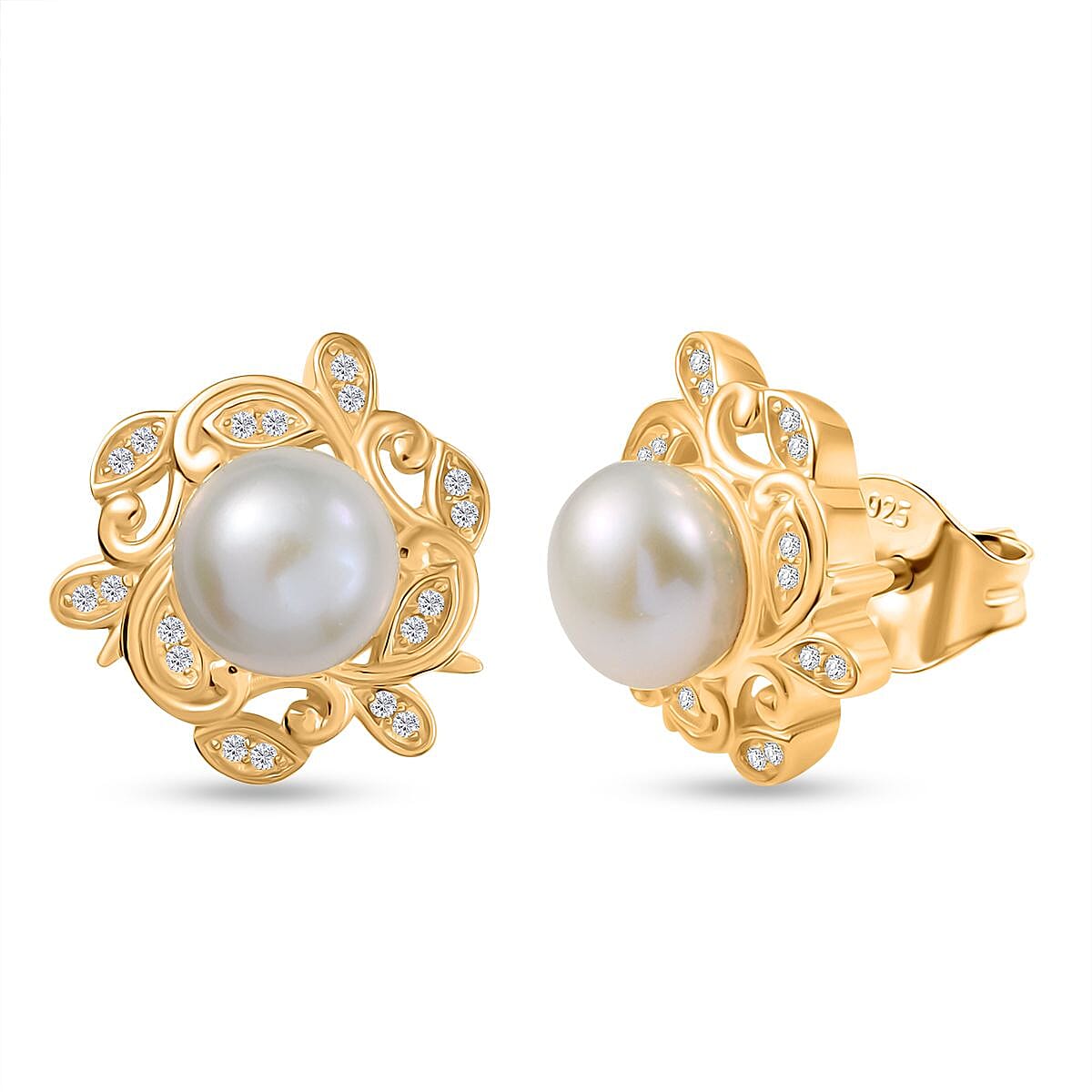 EverTrue Fresh Water Pearl and White Zircon 0.35 ctw Earrings in 18K YG Plated