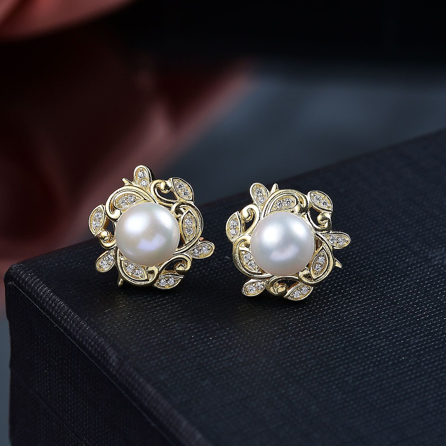 EverTrue Fresh Water Pearl and White Zircon 0.35 ctw Earrings in 18K YG Plated