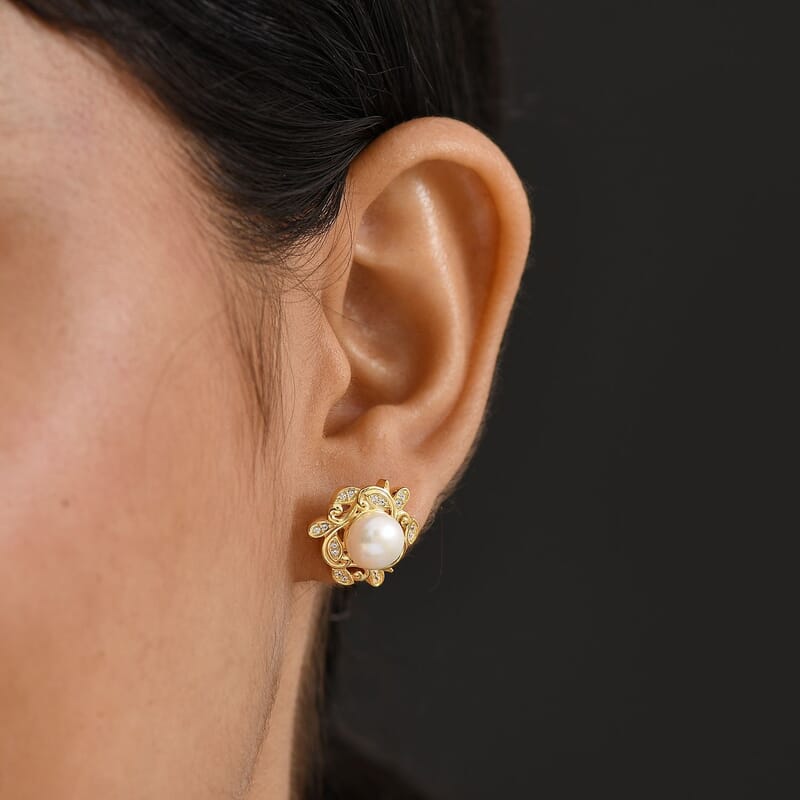 EverTrue Fresh Water Pearl and White Zircon 0.35 ctw Earrings in 18K YG Plated