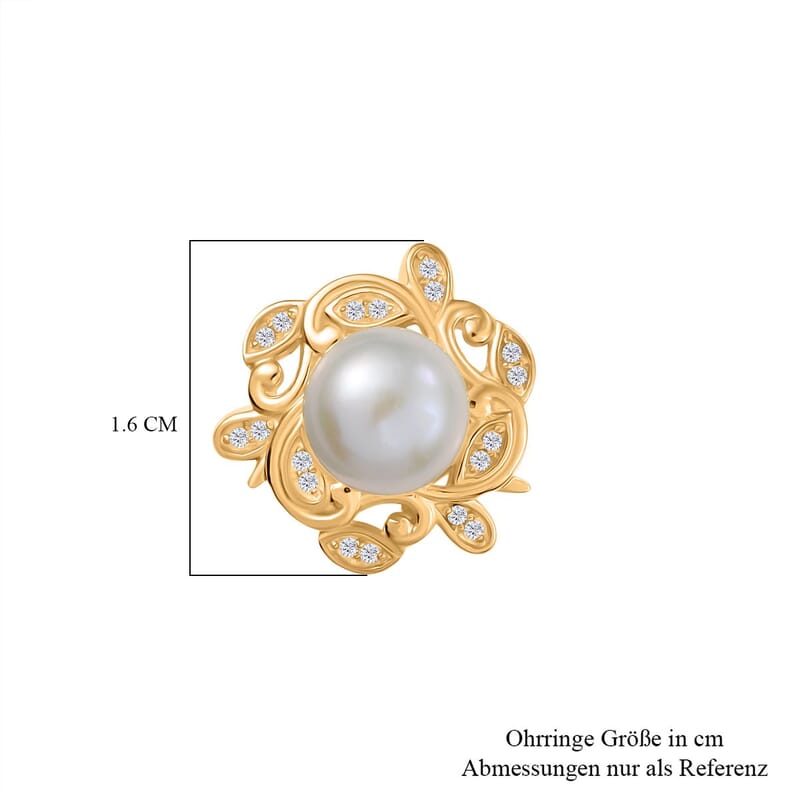 EverTrue Fresh Water Pearl and White Zircon 0.35 ctw Earrings in 18K YG Plated