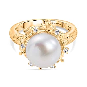 EverTrue Freshwater Pearl, White Zircon Ring in 18K YG Plated (Size 8.0) 0.15 ctw