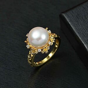 EverTrue Freshwater Pearl, White Zircon Ring in 18K YG Plated (Size 8.0) 0.15 ctw