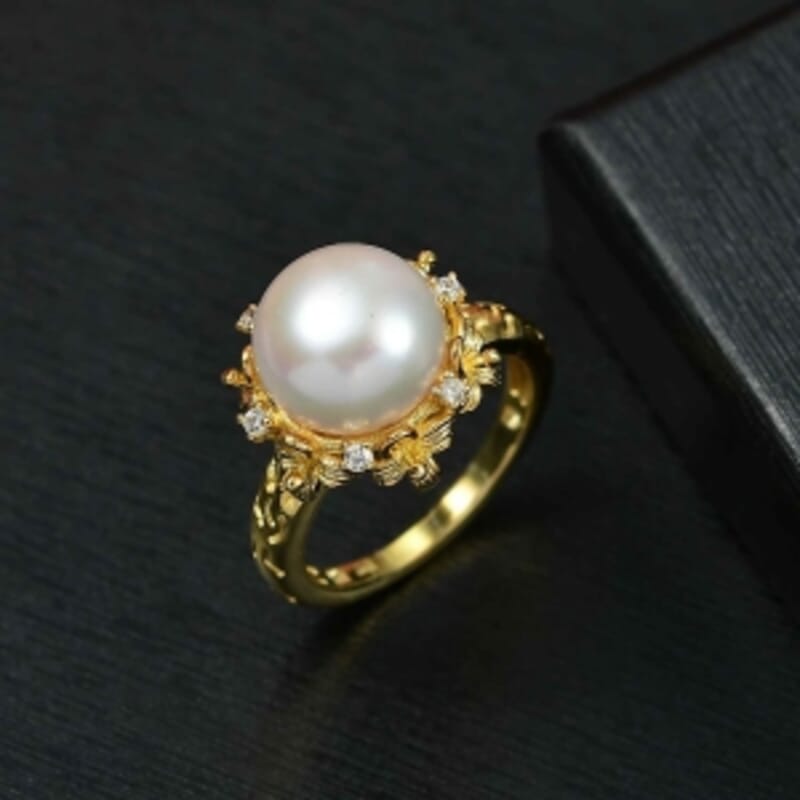 EverTrue Freshwater Pearl, White Zircon Ring in 18K YG Plated (Size 8.0) 0.15 ctw