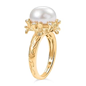 EverTrue Freshwater Pearl, White Zircon Ring in 18K YG Plated (Size 8.0) 0.15 ctw