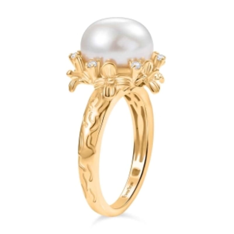EverTrue Freshwater Pearl, White Zircon Ring in 18K YG Plated (Size 8.0) 0.15 ctw