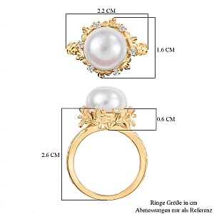 EverTrue Freshwater Pearl, White Zircon Ring in 18K YG Plated (Size 8.0) 0.15 ctw