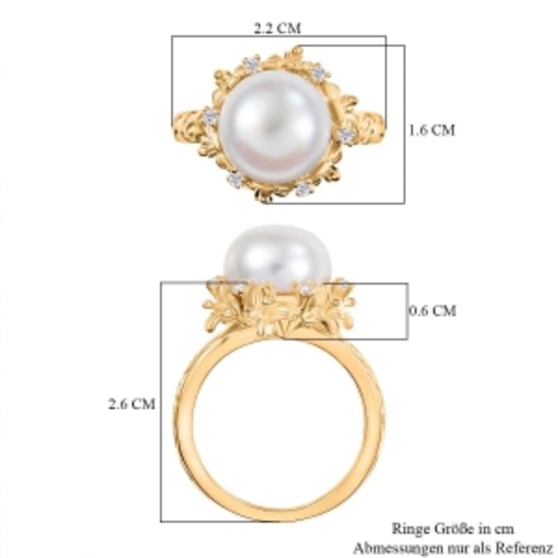 EverTrue Freshwater Pearl, White Zircon Ring in 18K YG Plated (Size 8.0) 0.15 ctw