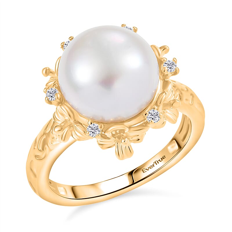 EverTrue Freshwater Pearl and White Zircon 0.15 ctw Ring in 18K YG Plated (Size 10.0)