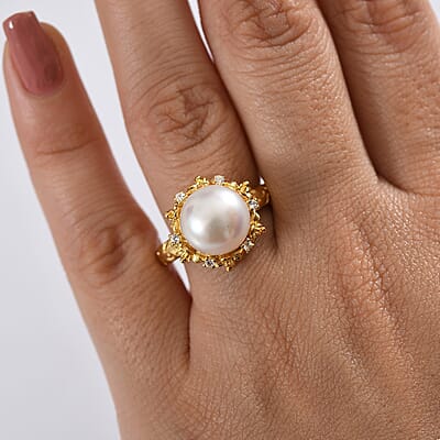 EverTrue Freshwater Pearl and White Zircon 0.15 ctw Ring in 18K YG Plated (Size 10.0)