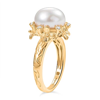 EverTrue Freshwater Pearl and White Zircon 0.15 ctw Ring in 18K YG Plated (Size 10.0)