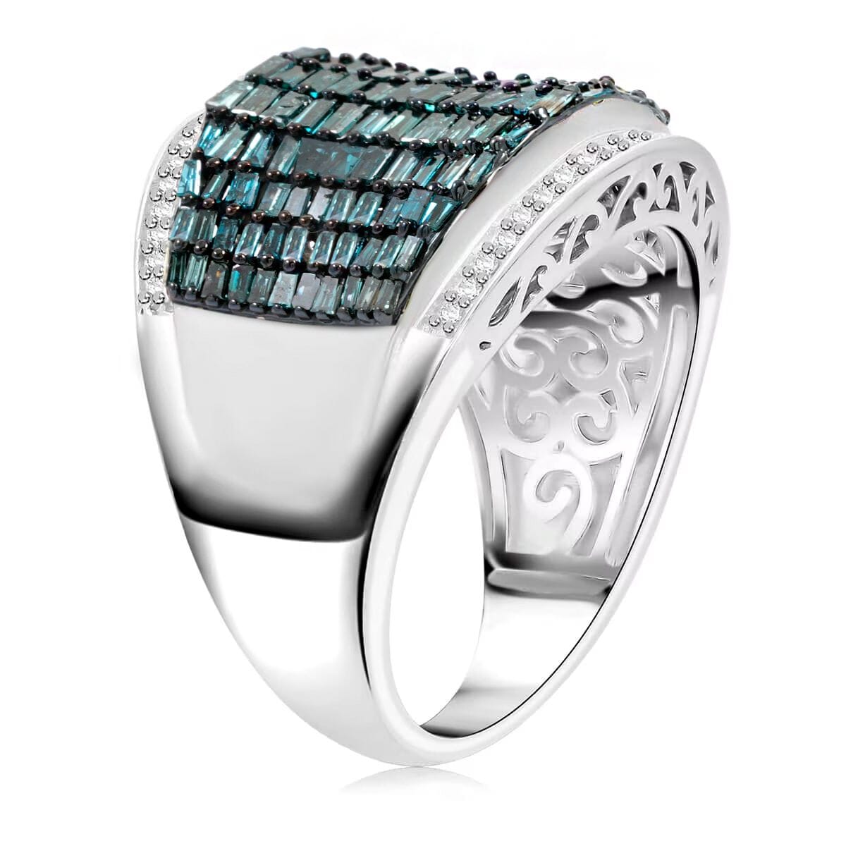 Blue and White Diamond 2.00 ctw Aurora Ring in Platinum Over Sterling Silver (Size 7.5) image number 3