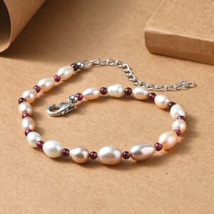 Multi Color Freshwater Pearl and Mozambique Garnet 5.00 ctw Bracelet in Rhodium Over Sterling Silver (7.25-9.25In)