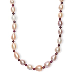 Multi Color Freshwater Pearl and Mozambique Garnet 10.00 ctw Necklace in Rhodium Over Sterling Silver 18 Inches