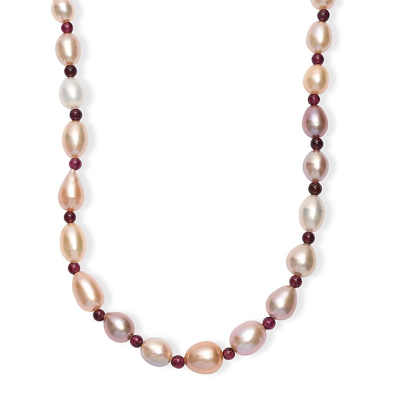 Multi Color Freshwater Pearl and Mozambique Garnet 10.00 ctw Necklace in Rhodium Over Sterling Silver 18 Inches