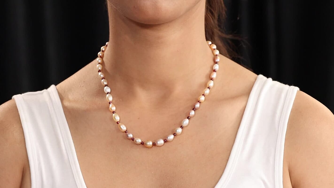 Multi Color Freshwater Pearl and Mozambique Garnet 10.00 ctw Necklace in Rhodium Over Sterling Silver 18 Inches
