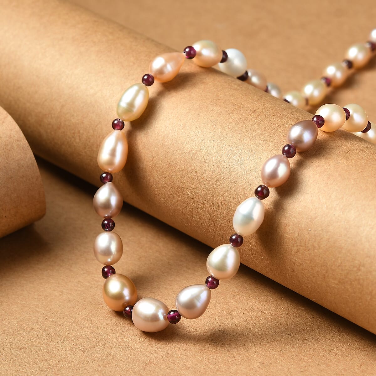 Multi Color Freshwater Pearl and Mozambique Garnet 10.00 ctw Necklace in Rhodium Over Sterling Silver 18 Inches image number 1