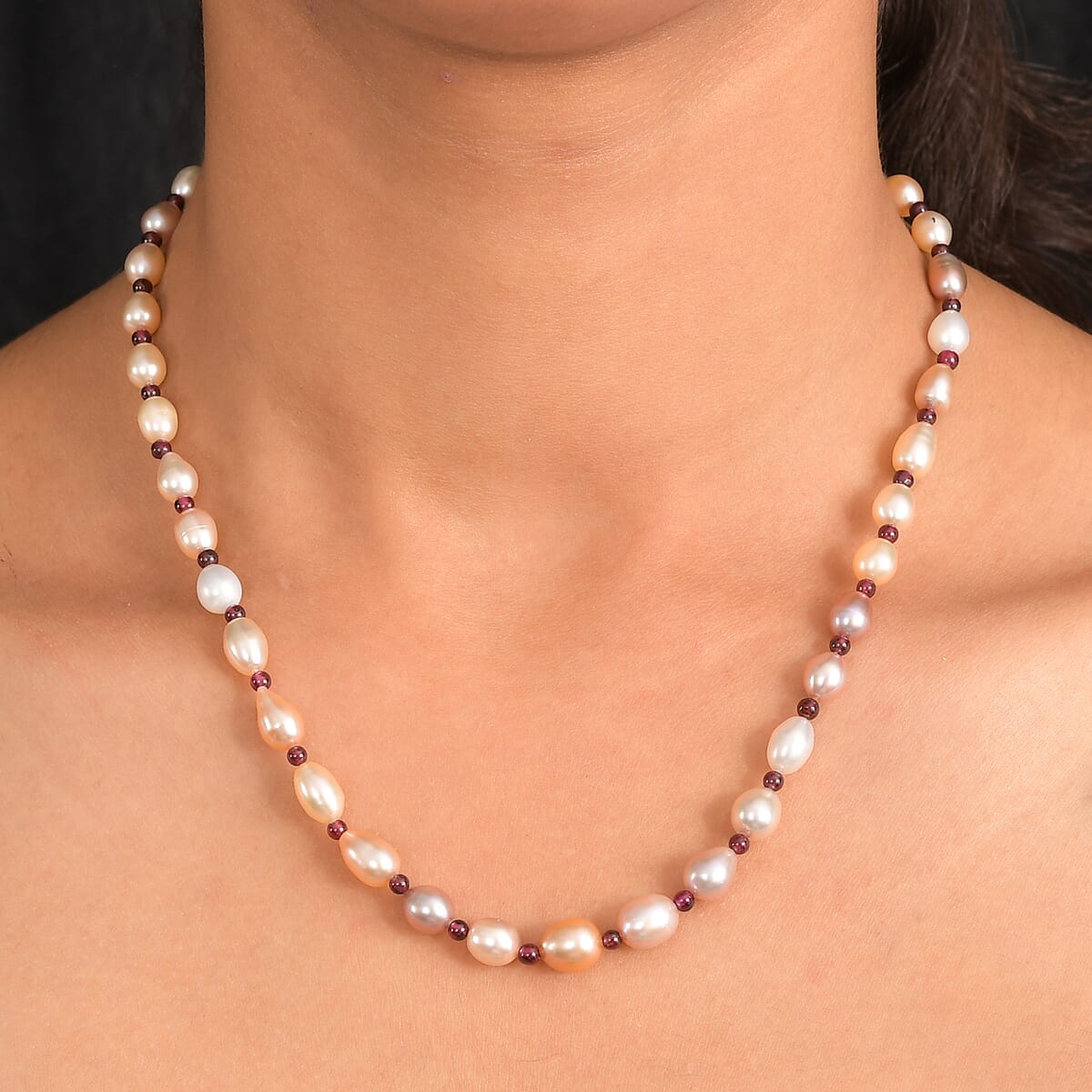 Multi Color Freshwater Pearl and Mozambique Garnet 10.00 ctw Necklace in Rhodium Over Sterling Silver 18 Inches image number 2