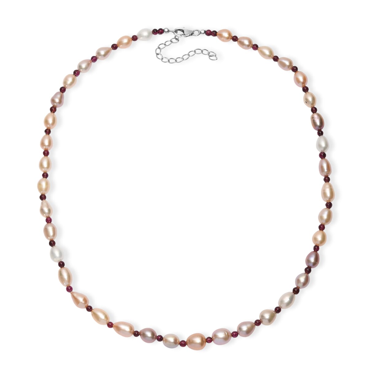 Multi Color Freshwater Pearl and Mozambique Garnet 10.00 ctw Necklace in Rhodium Over Sterling Silver 18 Inches image number 3