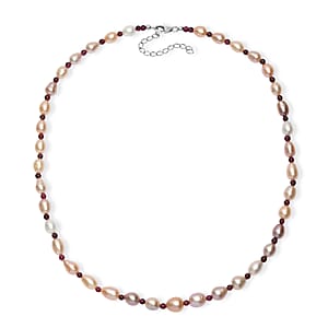 Multi Color Freshwater Pearl and Mozambique Garnet 10.00 ctw Necklace in Rhodium Over Sterling Silver 18 Inches