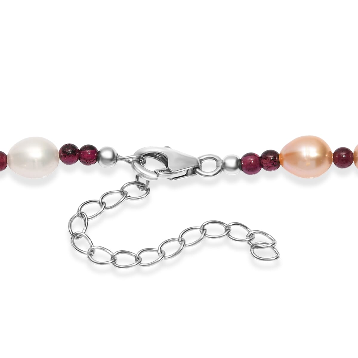Multi Color Freshwater Pearl and Mozambique Garnet 10.00 ctw Necklace in Rhodium Over Sterling Silver 18 Inches image number 4