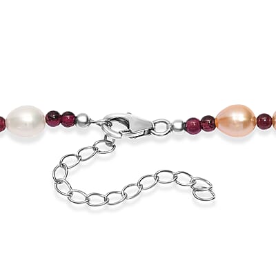 Multi Color Freshwater Pearl and Mozambique Garnet 10.00 ctw Necklace in Rhodium Over Sterling Silver 18 Inches