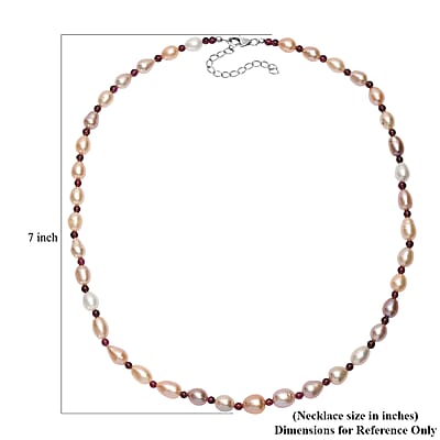 Multi Color Freshwater Pearl and Mozambique Garnet 10.00 ctw Necklace in Rhodium Over Sterling Silver 18 Inches