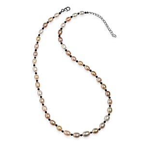 Multi Color Freshwater Pearl and Mozambique Garnet 8.00 ctw Necklace in Rhodium Over Sterling Silver 18 Inches