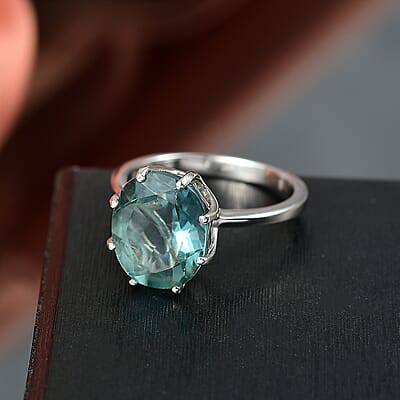 D'Joy Dean Teal Fluorite (IR) 5.70 ctw Aqua Crown Ring in Platinum Over Sterling Silver (Size 10.0)