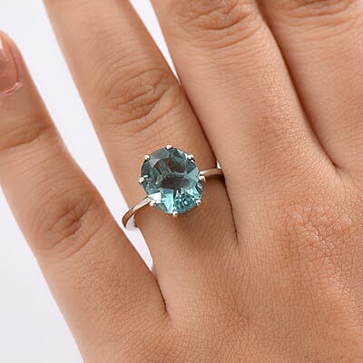 D'Joy Dean Teal Fluorite (IR) 5.70 ctw Aqua Crown Ring in Platinum Over Sterling Silver (Size 10.0)