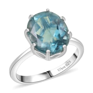 D'Joy Belgian Teal Fluorite 5.70 ctw Solitaire Ring in Platinum Over Sterling Silver (Size 7.0)