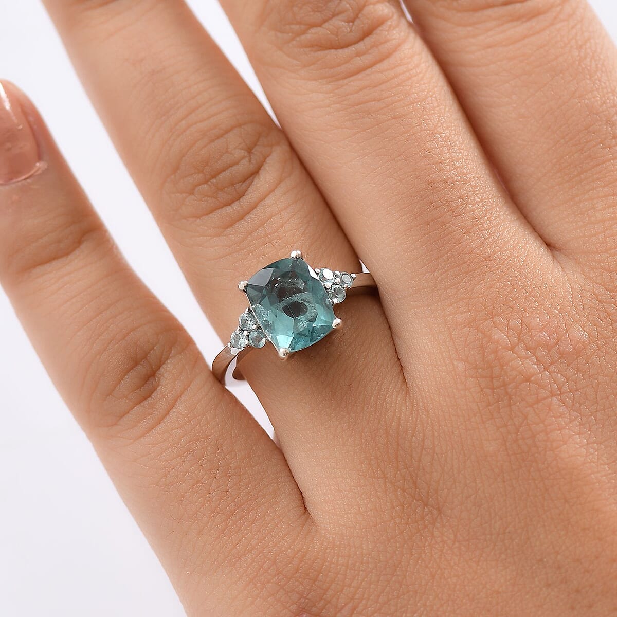 D'Joy Dean Teal Fluorite (IR) and Blue Apatite Bubbles 3.60 ctw Ring in Platinum Over Sterling Silver (Size 7.0) image number 2
