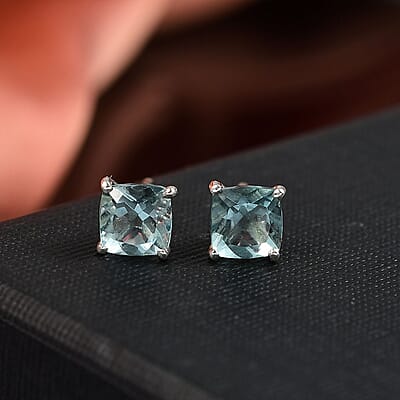 D'Joy Dean Teal Fluorite (IR) 2.60 ctw Stud Earrings in Platinum Over Sterling Silver