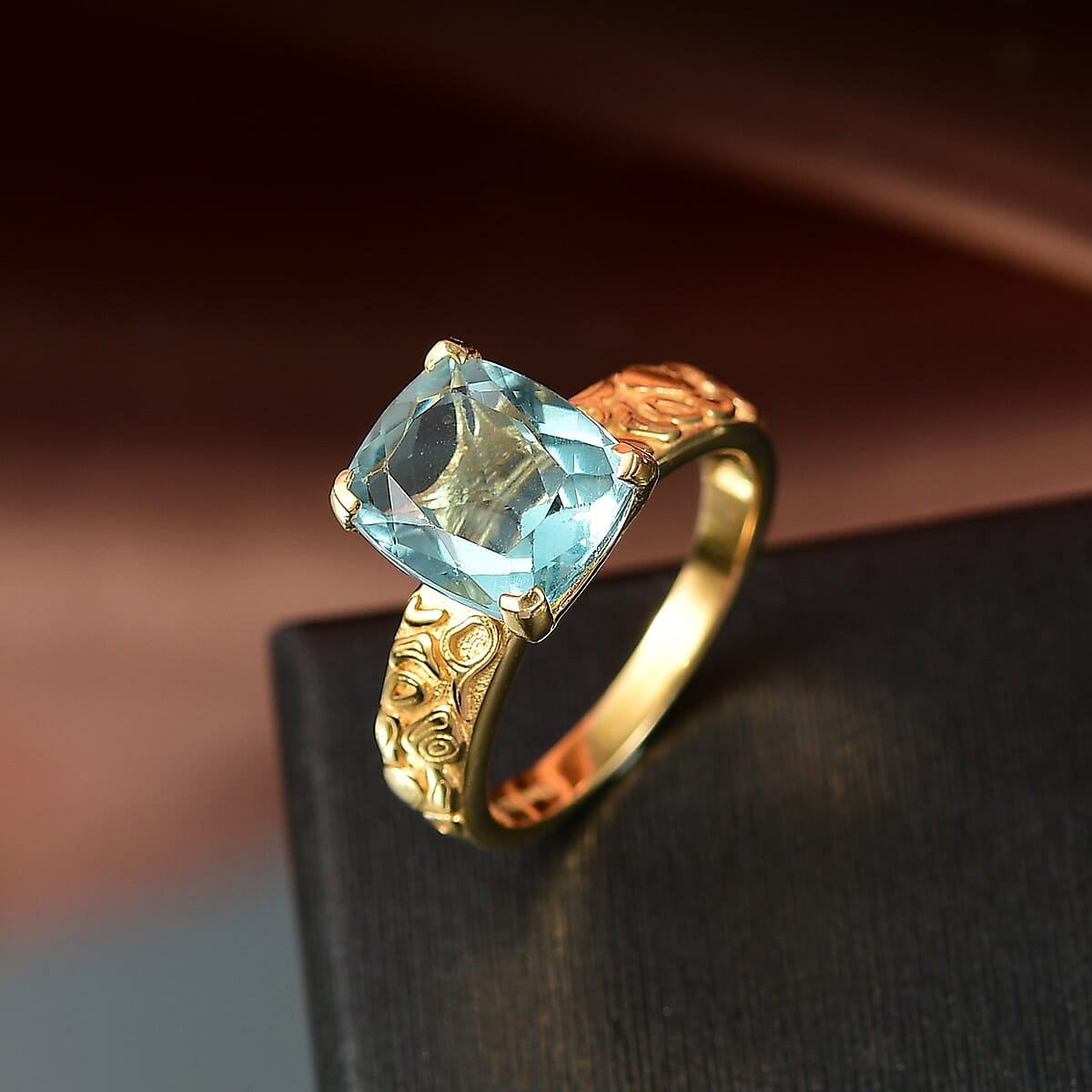 D'Joy Dean Teal Fluorite (IR) 4.85 ctw Swirling Water Ring in 18K Vermeil Yellow Gold Over Sterling Silver (Size 9.0) (Del. in 10-12 Days)  image number 1