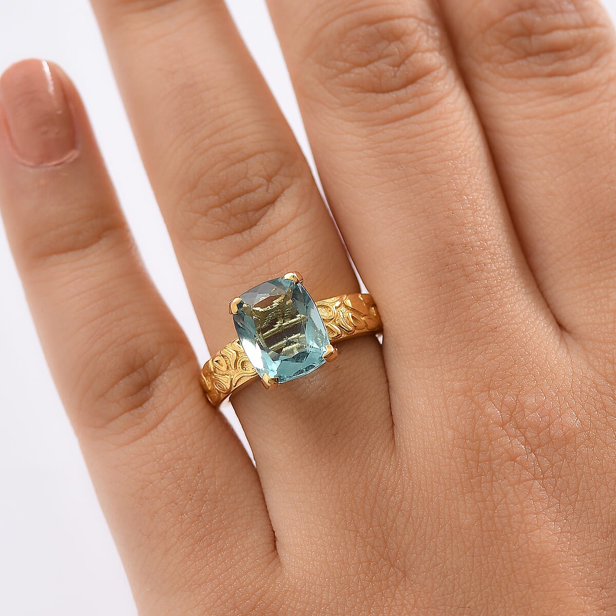 D'Joy Dean Teal Fluorite (IR) 4.85 ctw Swirling Water Ring in 18K Vermeil Yellow Gold Over Sterling Silver (Size 9.0) (Del. in 10-12 Days)  image number 2