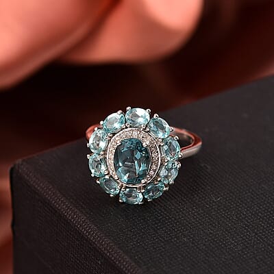 D'Joy Dean Teal Fluorite (IR) and Multi Gemstone 3.60 ctw Blue Anemone Flower Ring in Platinum Over Sterling Silver (Size 10.0)
