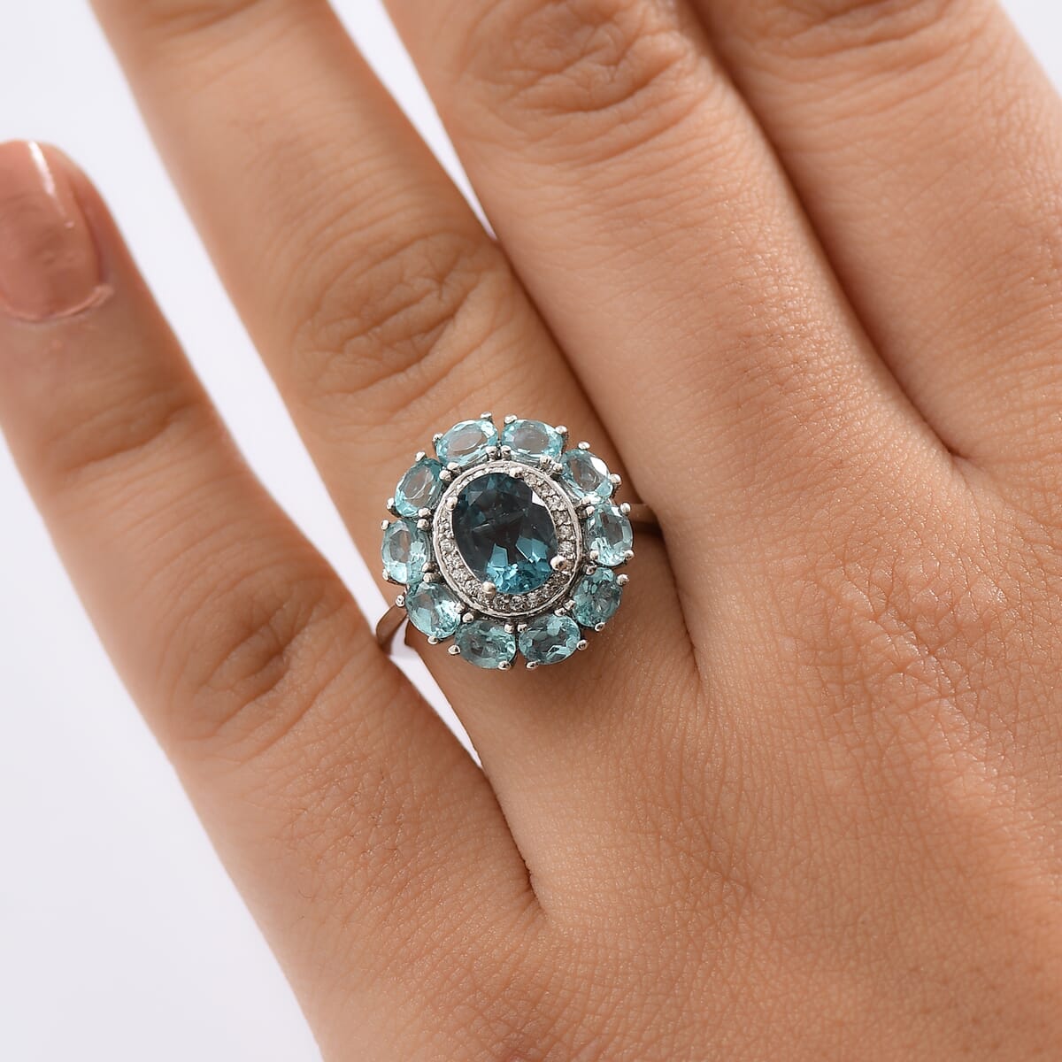 D'Joy Dean Teal Fluorite (IR) and Multi Gemstone 3.60 ctw Blue Anemone Flower Ring in Platinum Over Sterling Silver (Size 10.0) (Del. in 10-12 Days)  image number 2