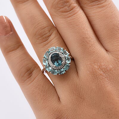 D'Joy Dean Teal Fluorite (IR) and Multi Gemstone 3.60 ctw Blue Anemone Flower Ring in Platinum Over Sterling Silver (Size 10.0)
