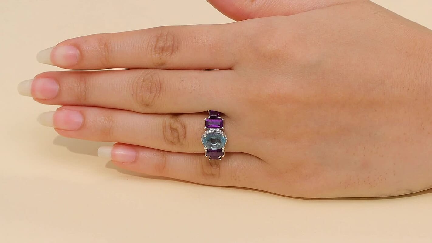 D'Joy Dean Teal Fluorite (IR), African Amethyst Art Deco Ring in Platinum Over Sterling Silver (Size 10.0) 3.75 ctw