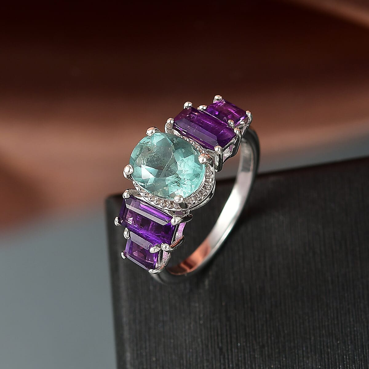 D'Joy Dean Teal Fluorite (IR), African Amethyst Art Deco Ring in Platinum Over Sterling Silver (Size 10.0) 3.75 ctw image number 1