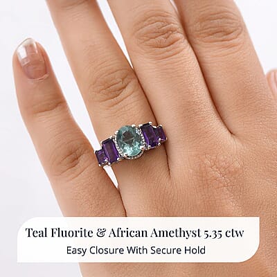 D'Joy Dean Teal Fluorite (IR) and African Amethyst 5.35 ctw Art Deco Ring in Platinum Over Sterling Silver (Size 10.0) (Del. in 10-12 Days) 