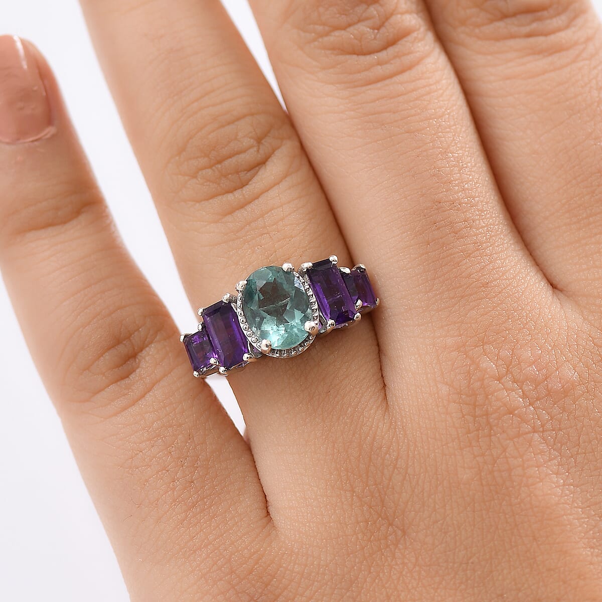 D'Joy Dean Teal Fluorite (IR), African Amethyst Art Deco Ring in Platinum Over Sterling Silver (Size 10.0) 3.75 ctw image number 2
