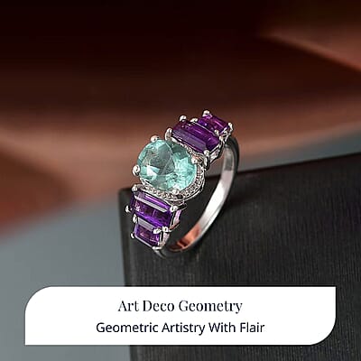 D'Joy Dean Teal Fluorite (IR) and African Amethyst 5.35 ctw Art Deco Ring in Platinum Over Sterling Silver (Size 10.0) (Del. in 10-12 Days) 