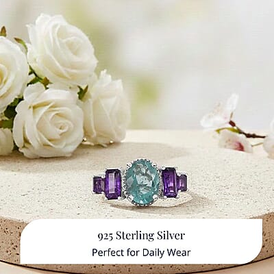 D'Joy Dean Teal Fluorite (IR) and African Amethyst 5.35 ctw Art Deco Ring in Platinum Over Sterling Silver (Size 10.0) (Del. in 10-12 Days) 
