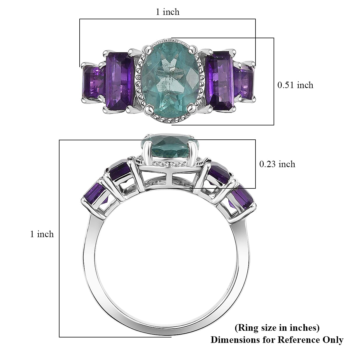 D'Joy Dean Teal Fluorite (IR), African Amethyst Art Deco Ring in Platinum Over Sterling Silver (Size 10.0) 3.75 ctw image number 5