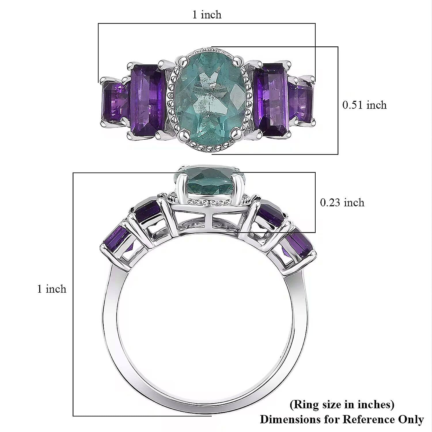 D'Joy Dean Teal Fluorite (IR) and African Amethyst 5.35 ctw Art Deco Ring in Platinum Over Sterling Silver (Size 10.0) (Del. in 10-12 Days) 