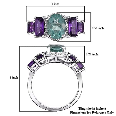 D'Joy Dean Teal Fluorite (IR) and African Amethyst 5.35 ctw Art Deco Ring in Platinum Over Sterling Silver (Size 10.0) (Del. in 10-12 Days) 