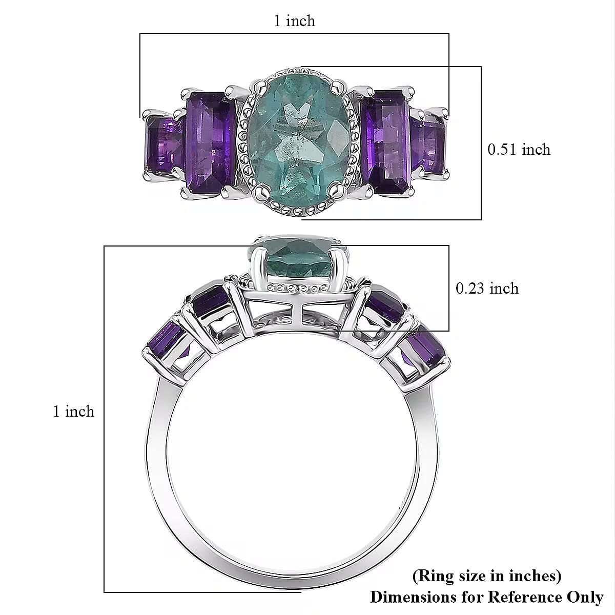 D'Joy Dean Teal Fluorite (IR) and African Amethyst 5.35 ctw Art Deco Ring in Platinum Over Sterling Silver (Size 5.0) image number 6