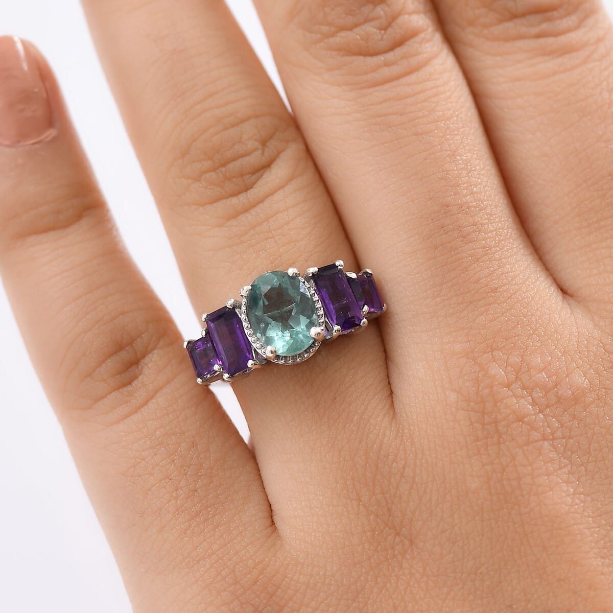 D'Joy Belgian Teal Fluorite and African Amethyst 3.75 ctw Ring in Platinum Over Sterling Silver (Size 7.0) image number 2